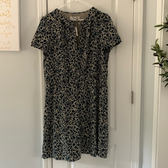 Loft Blue & Tan Floral Short Sleeve Dress-‎ Size XXL tie neck midi NWT - Picture 1 of 10